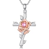 Seiyang Cross Rose/Sunflower Birthstone Necklace 925 Sterling Silver Cross Rose/Sunflower Pendant Necklace with 12 Months Birthstone Trendy Christmas Day Anniversary Jewelry Gift for Women Her