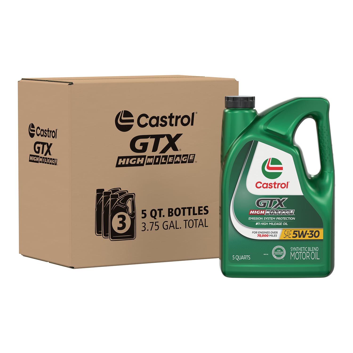 Castrol GTX High Mileage 5W-30 Synthetic Blend Motor Oil, 5 Qt, Pack of 3