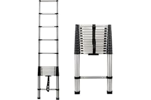 AUTOFATHER Telescopic Ladder 12.5ft Stainless Steel Extension Multi-Purpose Portable Loft Step Ladder with Non-Slip Rubber Feet 330lb Capacity for Indoor Outdoor Activities, EN131 Certificated