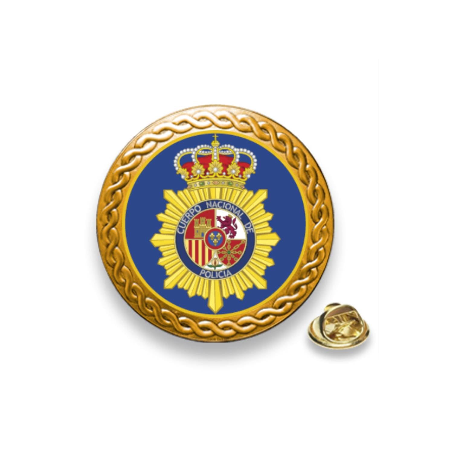 Spain National Police Corps Emblem Pin - Mounted on 20mm Diameter Base - Gold Zinc - Ornamental Bevel - Butterfly Clip, Unisex adulto, Zinc, Not applicable