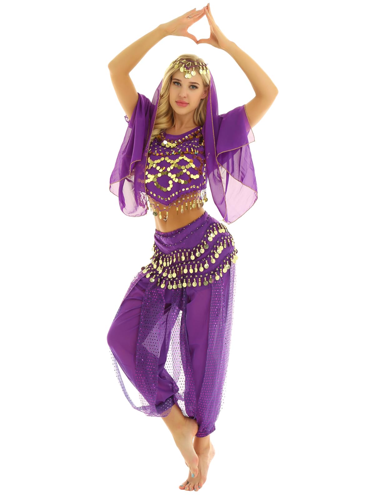 Yeahdor Women's 4pcs Belly Dance Outfits Indian Dance Costume Halloween Festival Carnival Fancy Dress Purple One Size