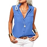 Veatzaer Women's Solid Lapel Sleeveless Tank Tops Summer Button Down Shirts Office Ladies Shirts