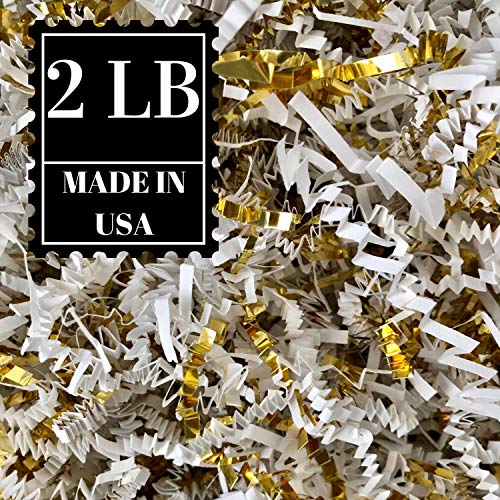 Crinkle Cut Paper Shred Filler for Packing and Filling Gift Baskets, Natural Craft Bedding in Brown Kraft Red Pink White Green Yellow Blue and White … (2 LB, White and Gold) - Thumbnail 2