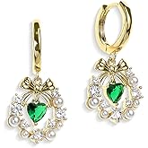 Sonateomber Gold Bow Heart dangle Drop Small Hoop Earrings for Women, Valentines Day Green Emerald Crystal love Earrings Dangling Christmas Holiday Prom Fashion Jewelry Gifts