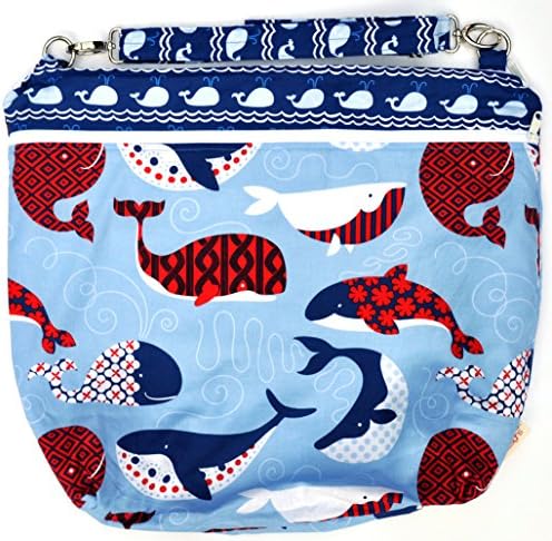TOP RATED Monkey Foot Designs X-LARGE Wet/ Dry DOUBLE POCKET with Adjustable Strap: 21" x 14" x 6" Diapers / Gym / Swim (True Blue Whales)