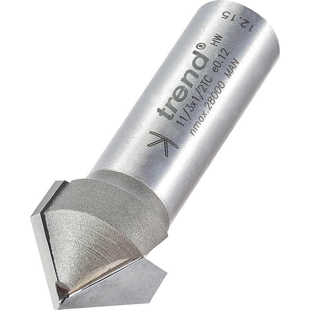 Trend Professional Chamfer V Groove Router Cutter, 1/2 Inch Shank, 45-Degree, 19.4mm Cut Diameter, 9.2mm Cut Length, Tungsten Carbide Tipped, 11/3X1/2TC