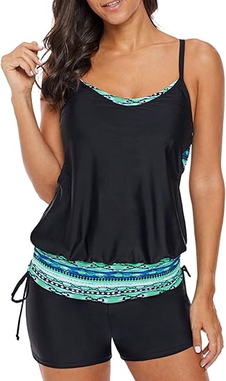 AlvaQ Damen Tankini mit Kreuzrücken, Bedruckt, Gr. S-XXXL - Schwarz