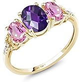 Gem Stone King 1.97 Cttw Purple Amethyst Pink Sapphire 3-Stone Diamond Engagement Ring for Women | 10K Yellow Gold | Gemstone Birthstone | Oval 7X5MM and 6X4MM