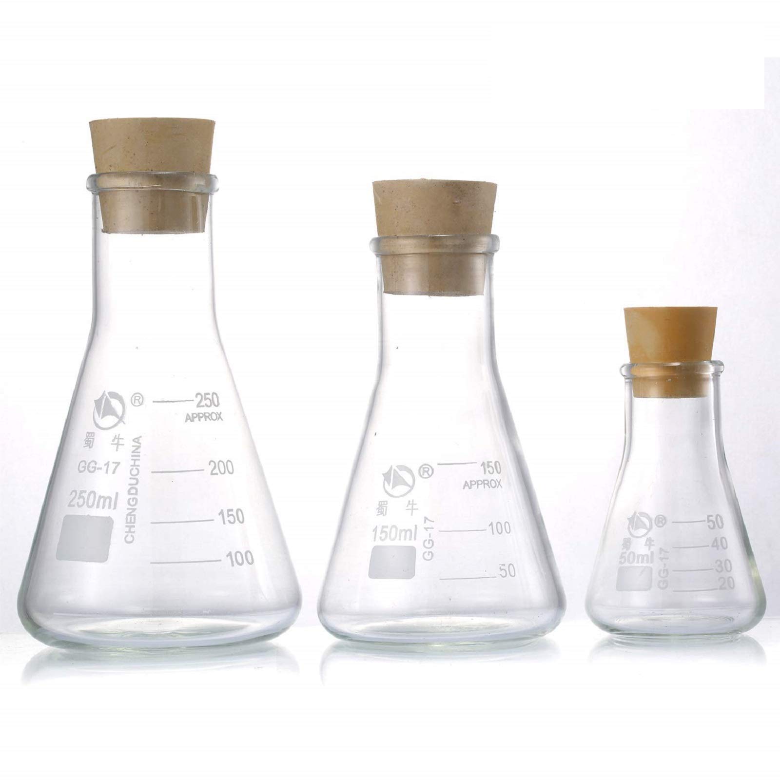 Yizerel Glass Erlenmeyer Flask Set, (250 ml, 150 ml & 50 ml) Graduated Borosilicate Glass Erlenmeyer Flasks with Rubber Stoppers & Accurate Scales for Lab, Experiment, Chemistry, Science Studies etc.