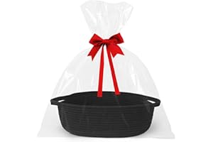 WILLITAT Small Baskets for Gifts Empty, 13"x 9"x 5" Woven Gift Basket with Bag and Ribbon, Cotton Rope Kids Dog Cat Toy Bin Box, Cute Baby Nursery Organizer, Decorative Storage with Handles (Black)