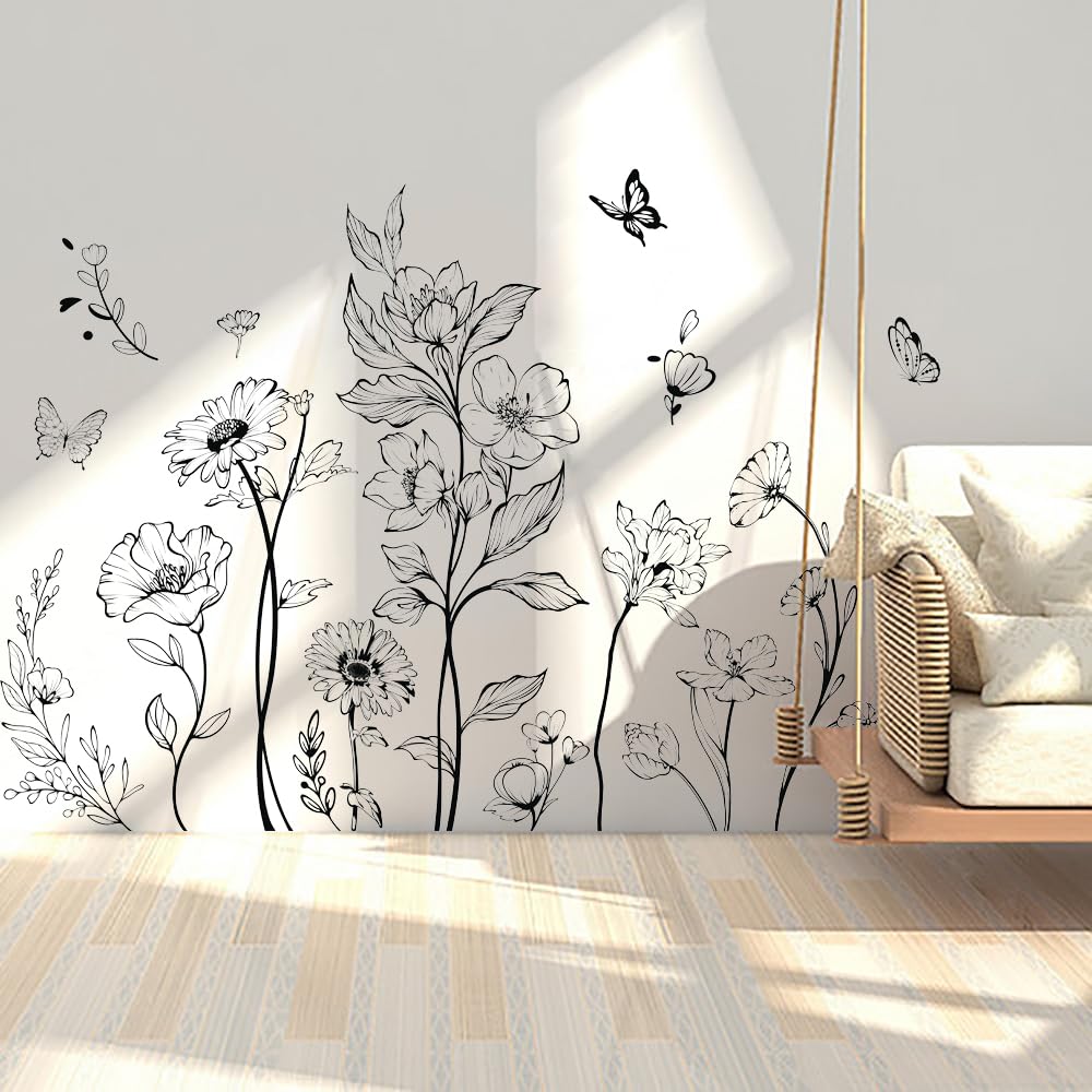 Runtoo Boho Black Flower Wall Decals Simple Wildflower Floral Wall Stickers for Girls Bedroom Nursery Home Decor