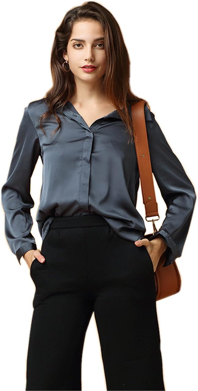 ViviClo Women's Grey Satin Office Blouse V Neck Long Sleeve Button Down Top Shirts