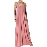 TheMogan Women's Casual V-Neck Draped Jersey Cami Long Maxi Dress W Pocket Summer Beach