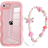 Jmltech for iPhone 16E Case Wavy Clear Silicone Girly Cute Kawaii Women Wave with Beaded Phone Strap Charms Turquoise Wristlet Heart Star Shockproof Protective Phone Cases Pink