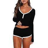 REVETRO Womens Sexy V Neck Pajama Sets Spring Long Sleeve Lounge Sets 2 Piece Crop Top PJ Shorts Y2k Pajamas