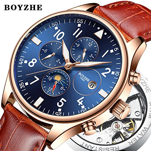 image for BOYZHE Men Automatic Mechanical Sports Watch Moon Phase Calendar Fashi