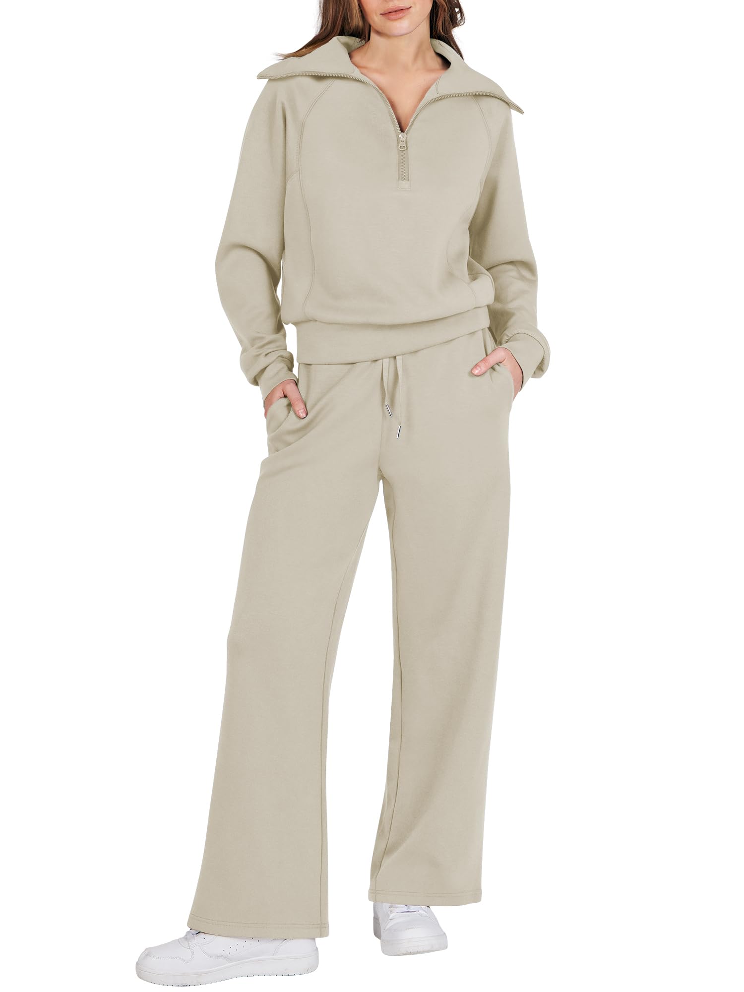 Photo 1 of (medium) Prinbara Women 2 Piece Outfits Winter Set Sweatsuit Oversized Quarter Zipper FLeece Casualed Sweatshirt Pant Set Lounge Matching Tracksuit