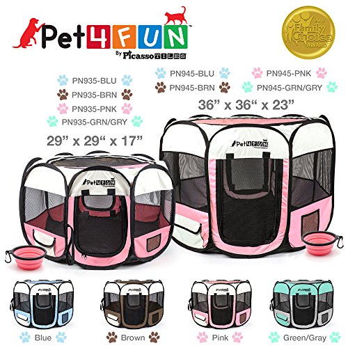 PicassoTiles PET4FUN PN935/PN945 Portable Pet Puppy Dog Cat Playpen Crates Kennel w/Water Resistant 600D Oxford, 210D Nylon, Carrying Bag, Collapsible Bowl, Removable Mesh Cover 2 Sizes