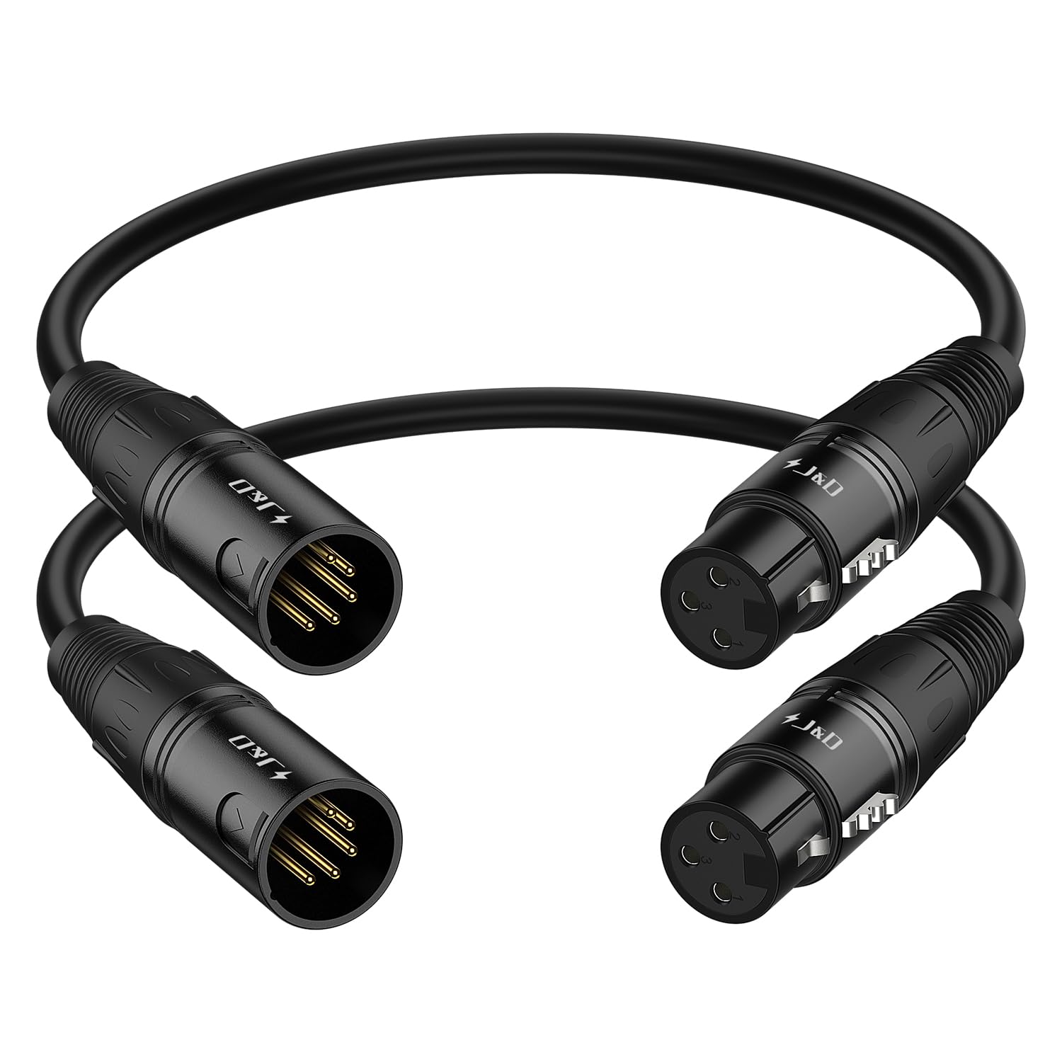 J&D 3 Pin XLR Female to 5 Pin XLR Male Audio Cable, 2-Pack 5 Pin to 3 Pin DMX Lighting Cable for Microphone DMX Stage Light Turnaround, 30 cm