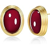 SNGIA18K Gold Plated Burgundy Maroon Red Carnelian Round Oval Ribbed Button Chunky Statement Earrings for Women by SNGIA, Bold Handmade Exaggerated Dome Retro Rounded Button Trendy Bohemian Gemstone Stud Jewelry Gifts, Unique Vintage Baroque Stone Summer Beach Fashion Earrings Accessories, Thick Circular Nickle Free Huggies Earrings.