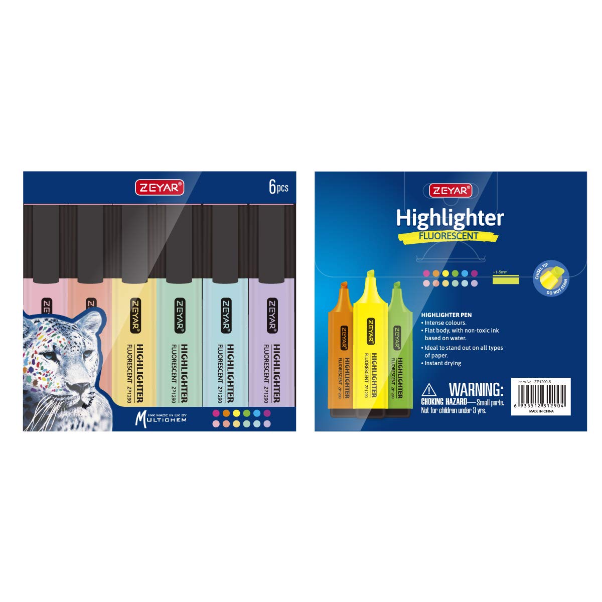 ZEYAR Highlighter, Pastel Colors Chisel Tip Marker Pen, AP Certified, Assorted Colors, Water Based, Quick Dry (6 Macaron Colors)