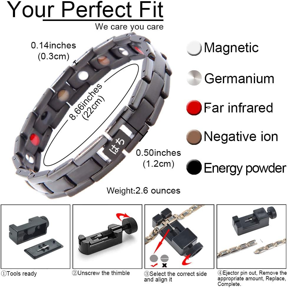 はち Titanium Magnetic Bracelet for Men and Women 5 Element Wristband Powerful Germanium Magnets Strength Bracelet for Couples with Adjustment Tool and Gift Box (Black) - Image 3