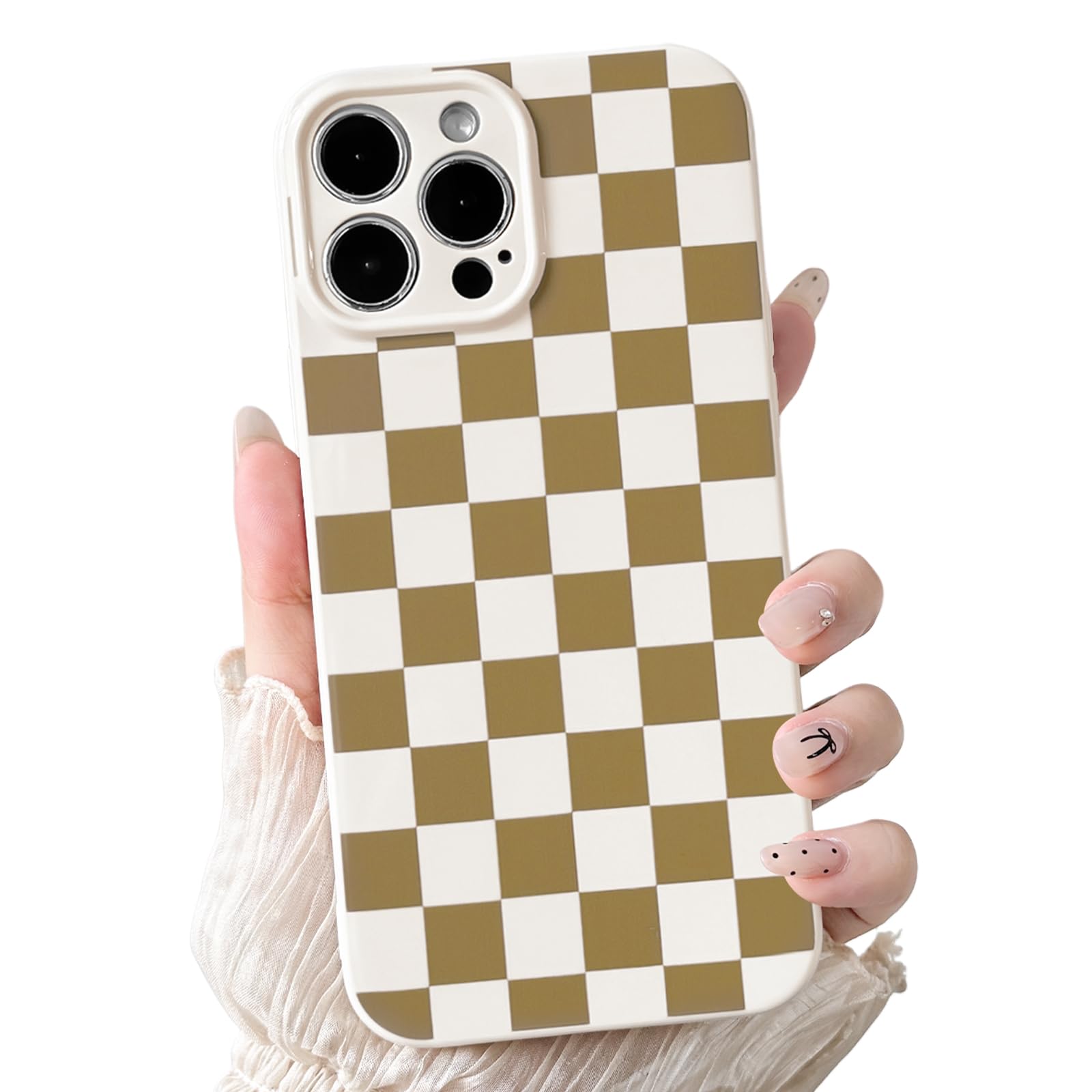 NITITOP Compatible with iPhone 15 Pro Case Cute Aesthetic Checkerboard Checkered Pattern for Women Girl Trendy Slim Fit TPU Silicone Shockproof Full Camera Protection Cover - Brown