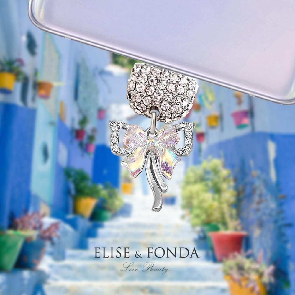 TP224 Type-C Charging Port Crystal Anti Dust Plug Little Double Bow Cell Phone Charm for Samsung Galaxy/OnePlus/Xiaomi/oppo Android Phone iPhone 15/16 (White)
