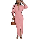 YUEWOO Women Long Sleeve Dress Casual Bodycon Maxi Dress Deep V Neck Ruched Midi Dresses Sexy Slit Plus Size Dresses