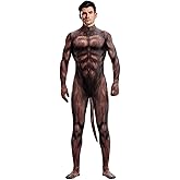Sipumia Men's Halloween Bodysuit Muscle Animal Printed Cosplay Skinny Catsuit Fullbody Jumpsuit Costumes with Tail