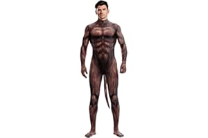 Sipumia Men's Halloween Bodysuit Muscle Animal Printed Cosplay Skinny Catsuit Fullbody Jumpsuit Costumes with Tail