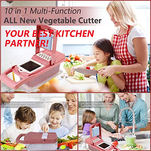 Vegetable Chopper, Onion Veggie Slicer Chopper, Spiralizer Vegetable Cutter Chopper Blades with Durable Fruit Slicer Cutter Container for Cooking Tools (Red)