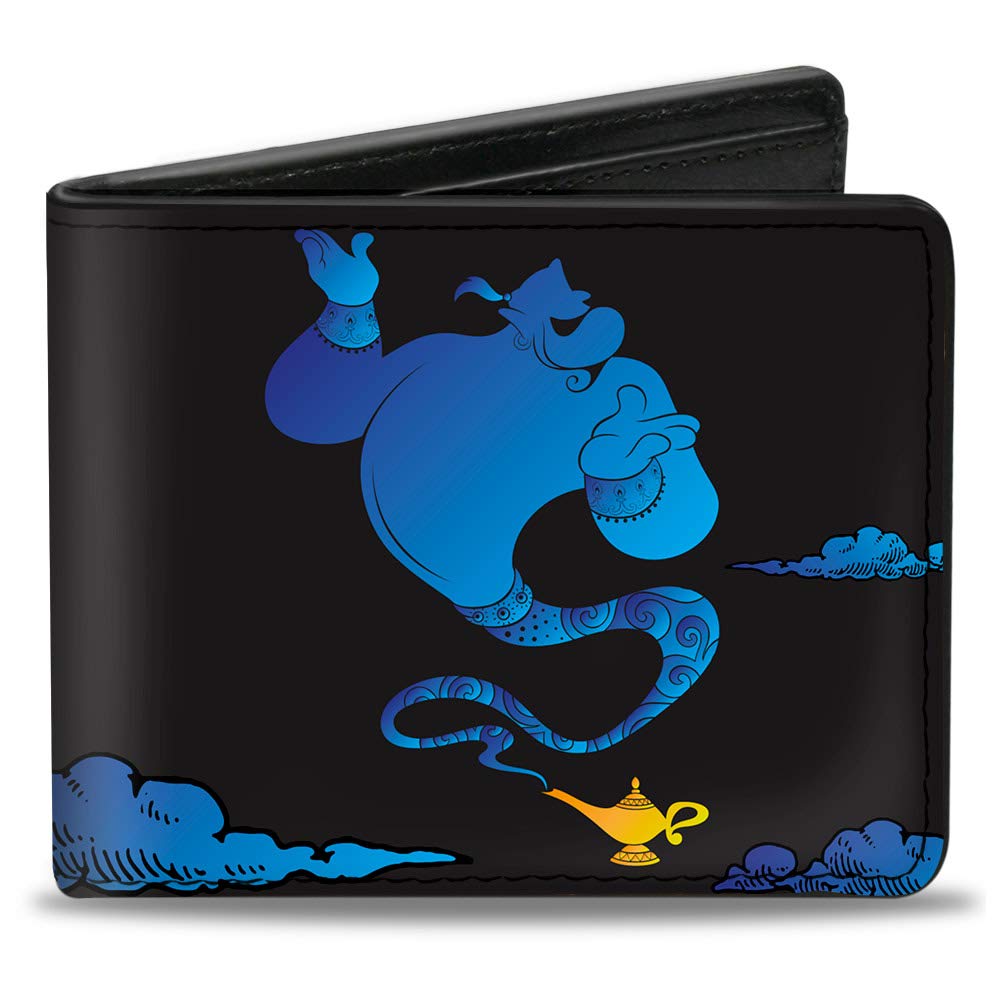 Buckle-Down Men's Disney Wallet, Bifold, Lamp Silhouette Pose Clouds Black Blues Gold, Vegan Leather, Aladdin Genie, 4.0" x 3.5", Aladdin Genie, 4.0" x 3.5", Disney Wallet, Bifold, Genie Lamp