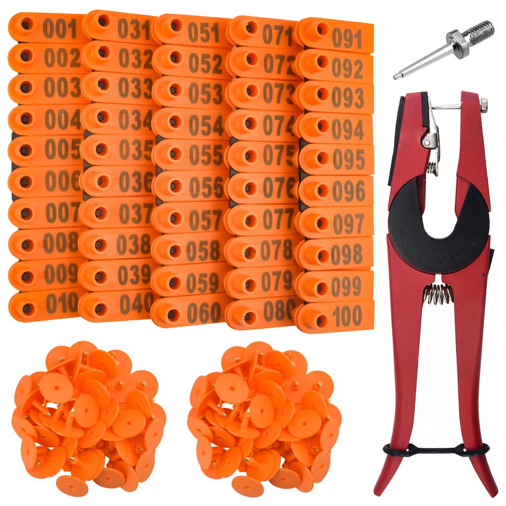 WMYCONGCONG 1-100 Number Ear Tag Livestock Tags and 1 PCS Ear Tag Applicator Plier for Goat Sheep (Orange)