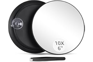 JADAZROR 10X Magnifying Mirror with 3 Suction Cups - 6'' Stick on Makeup Mirror with 10X Magnification, Magnified Makeup Mirror Portable Handheld Cosmetic Mirror and Tweezers Set for Travel, Makeup, Bathroom