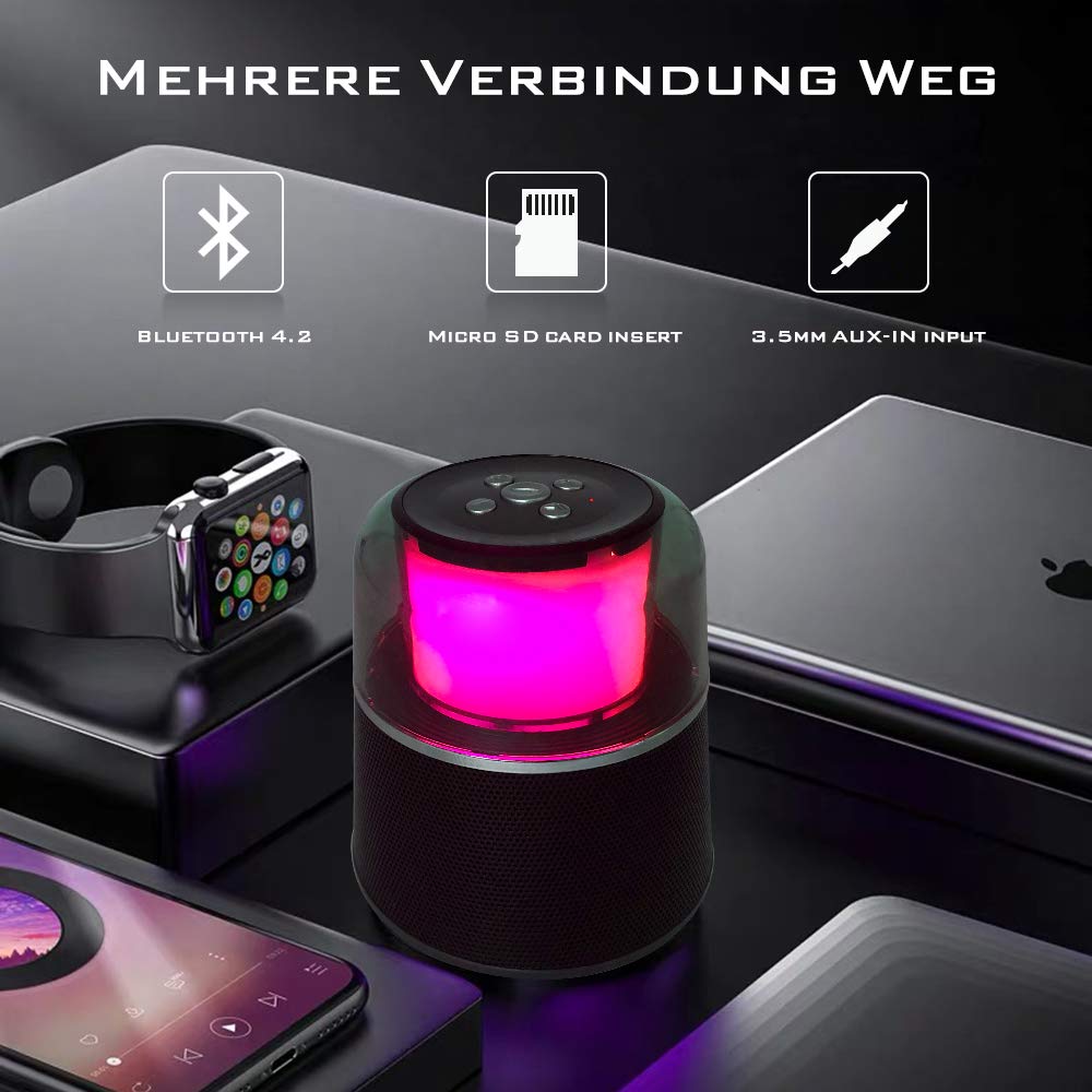 Portable Bluetooth Lautsprecher, Mini Super Mobiler Bluetooth 4.2 Lautsprecher mit Eingebautem Mikrofon,FM Radio, Freisprechanruf, LED-Licht, 3,5mm Audio-Eingang, TF-Kartensteckplatz (Schwarz)