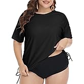 FOREYOND Plus Size Swim Tops Women Short Sleeve Rash Guard Shirts UPF 50+ Sun Protection Swimwear Swim Suits