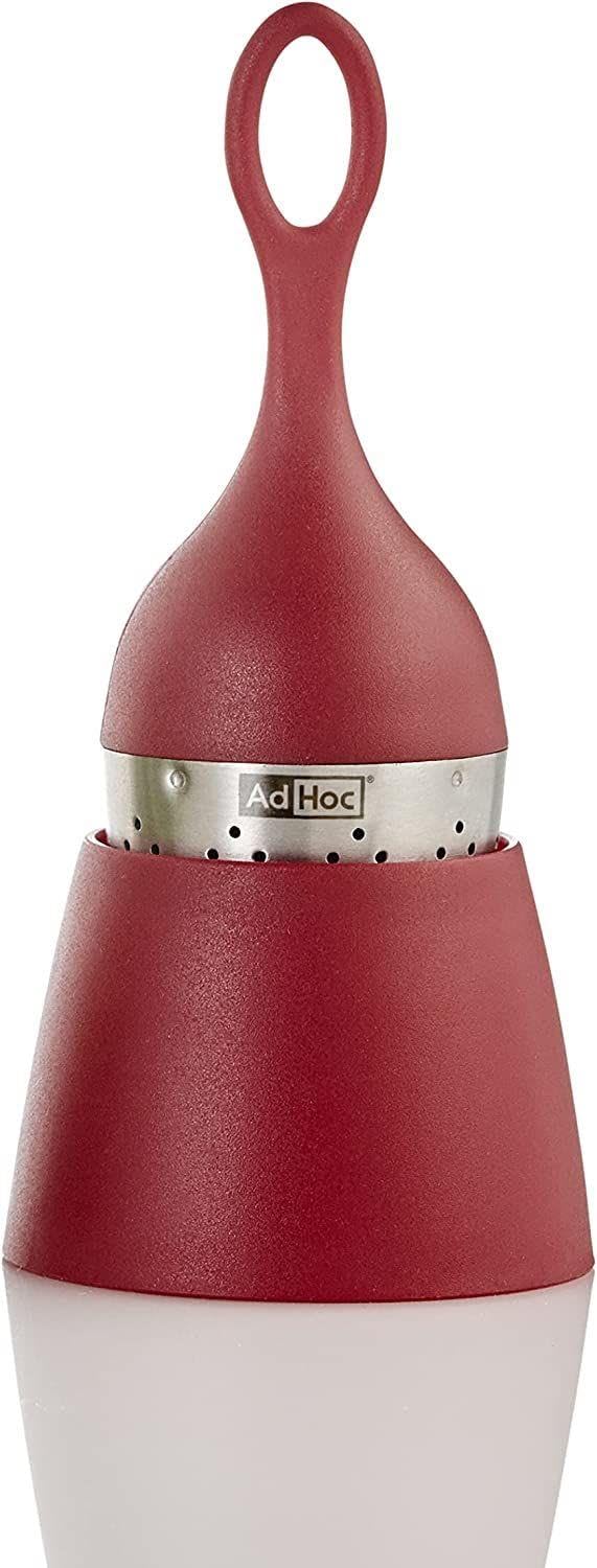 AdHoc Floatea Floating Tea Infuser Red, Loose Leaf Tea Filter, Tea Strainer with Drip-Collector Stand, Easy Refill, Stainless Steel/Plastic, (H) 130 mm x (D) 40 mm, Dishwasher Safe