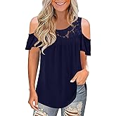 Womens Summer Cold Shoulder Tunic Tops Sexy Casual Short Sleeve Scoop Neck Lace Pleated T Shirts Blouse