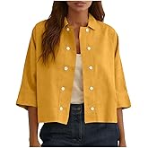 Linen Shirts for Women Soft Comfy Cotton Button Down Spring Tops 2026 3/4 Length Sleeve Womens Shirt Beach Vacation