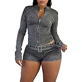 Molilove Women's Two Piece Set Denim Outfits Long Sleeve Zip Up Cropped Jean Jacket Bodycon Shorts Sets with Belt Y2K Outfits