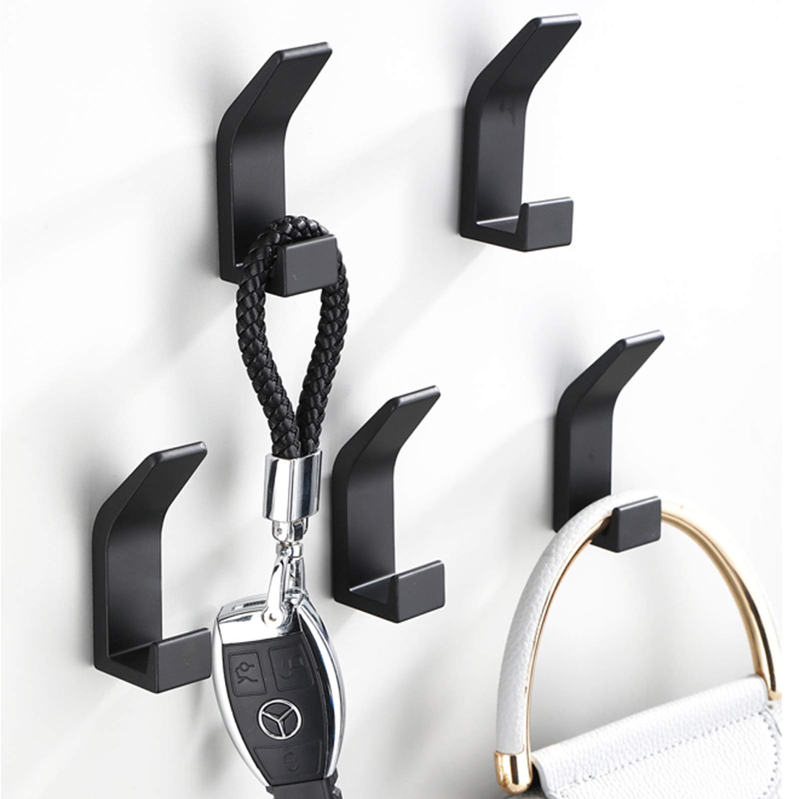 Adhesive Hooks Heavy Duty, Bath Towel Hooks Coat Hooks, Anti-Rust Waterproof Sticky Hooks for Kitchen Bathroom Office Toilet Wall Hanger(Black 5 Pack)