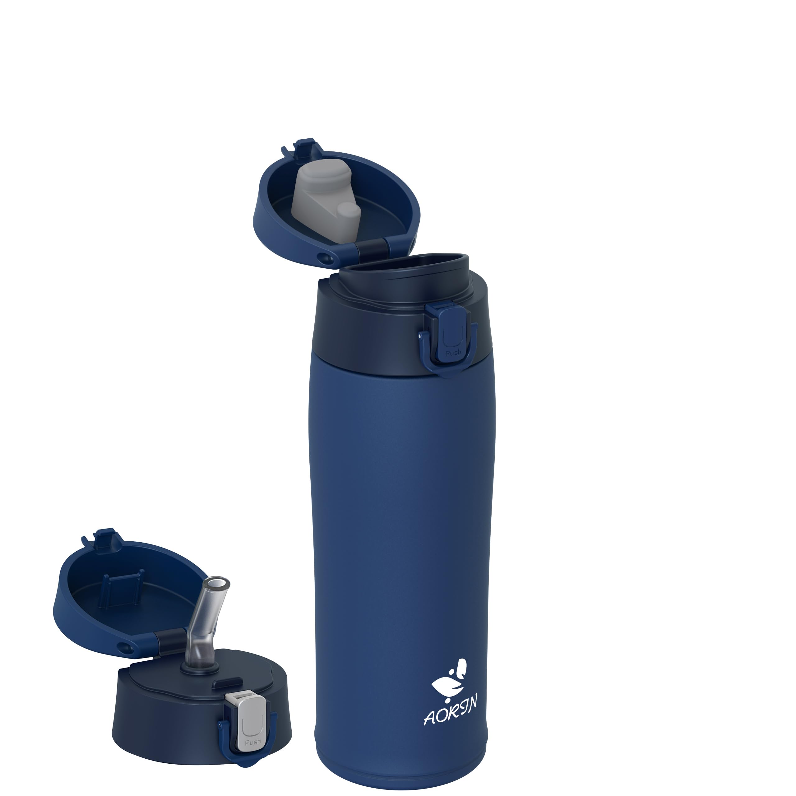 AORIN 18/8 Stainless Steel Water Bottle with 2 Lids, 500ml, Vacuum Insulated Metal Bottle, Leakproof Drinks Bottle, BPA Free, Hot & Cold Compatible, Portable Flask for Gym, Sport, Daily