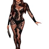 WEICHUJIAN Sexy See Through Lace Jumpsuit for Women Mesh Long Sleeve Hollow Romper Bodysuit Clubwear Party Outfits