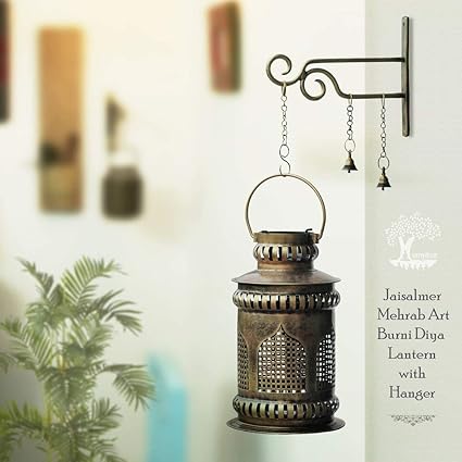 SADHUBELA Iron Jaisalmeri Mehrab Art Burni Diya Lantern (Gold_7 Inch X 7 Inch X 12.2 Inch)