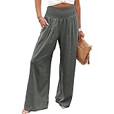 Vansha Women Summer High Waisted Cotton Linen Palazzo Pants Wide Leg Long Lounge Pant Trousers with Pocket