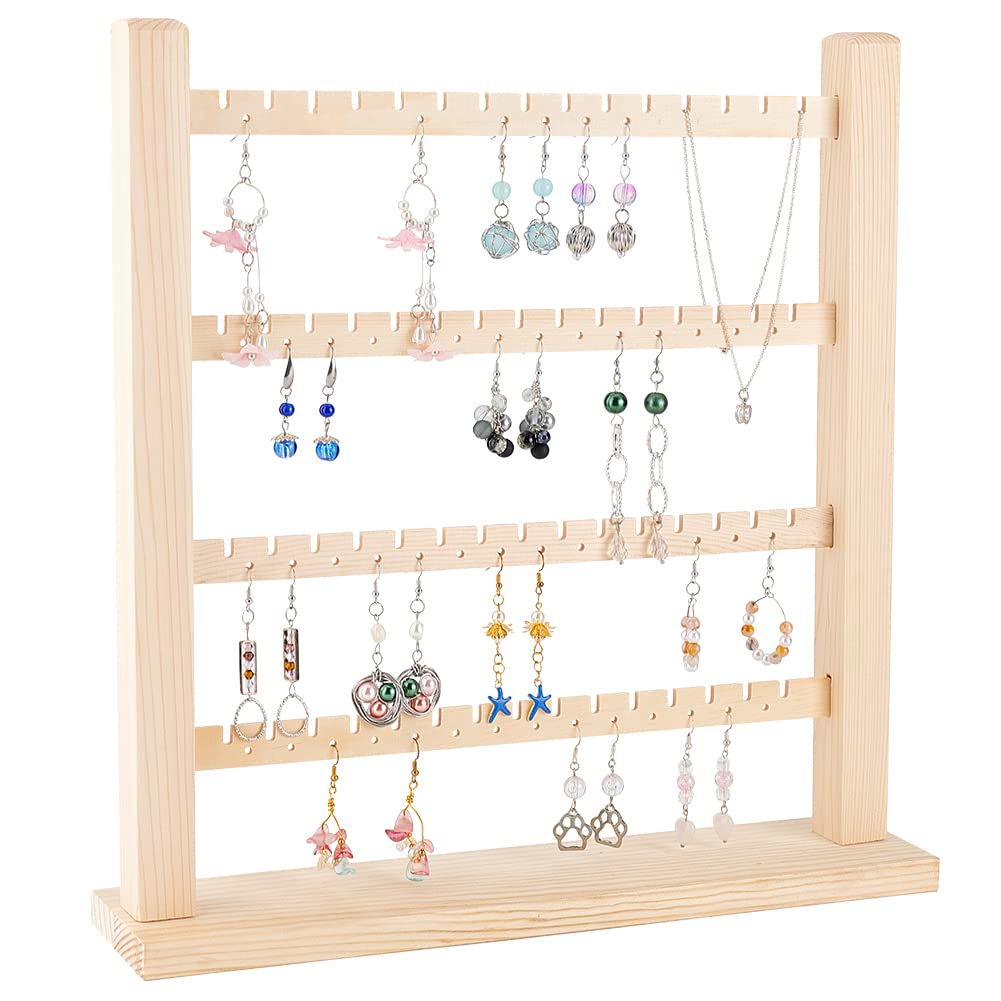 FINGERINSPIRE 4-Tier Wooden Earring Display Organizer Holder（60 Slots and 56 Holes） Wheat Detachable Earring Display Stand Jewelry Display Rack Jewelry Tower for Long Earrings Ear Studs Storage