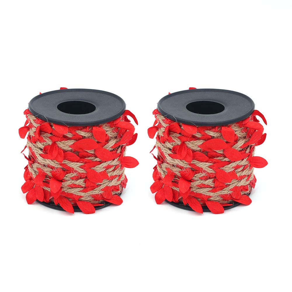 Shiwaki 2PCS Jute Twine with Leaf, 33 Feet Leaf Ribbon with Coil for Wedding Home Garden Decoration - Red