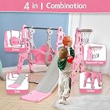 FUKEA 4-in-1 Baby Swing Slide Set Pink with Basketball Hoop 66lb Cap view 9