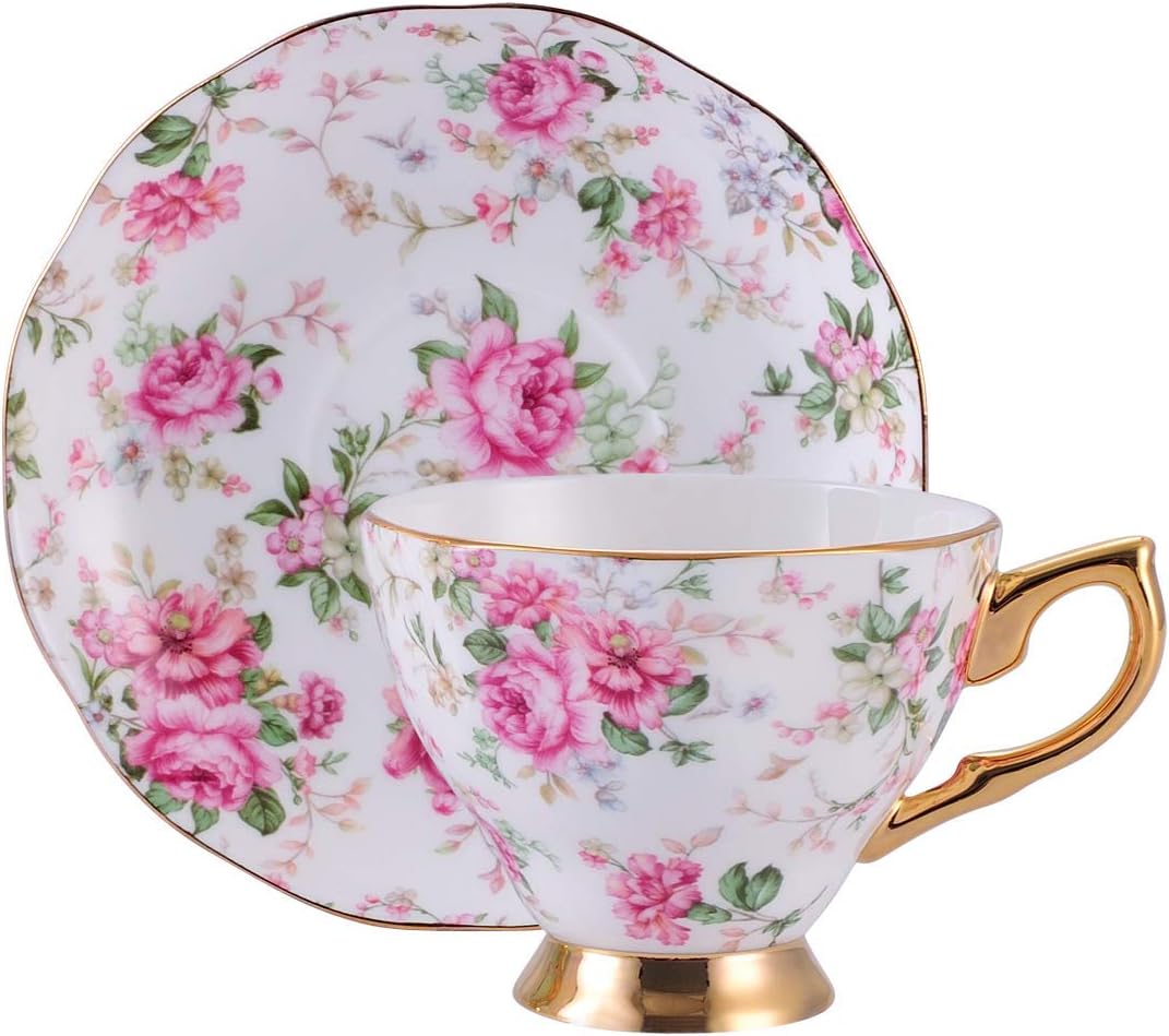 Kissweetime Bone China Tea Cup Coffee Cups 7 oz Porcelain Teacup Set with Saucers and Spoon - Espresso Mug Cappuccino Cup, Ideal for Gift & Party